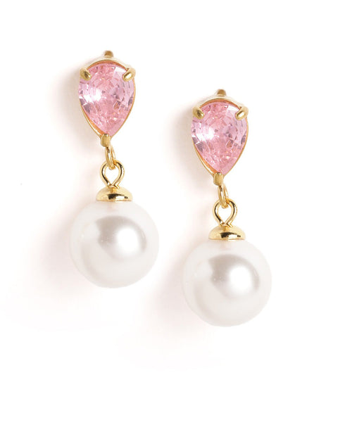 18kt Gold Plated Pear Drop CZ Pearl Necklace and Drop Earring Set