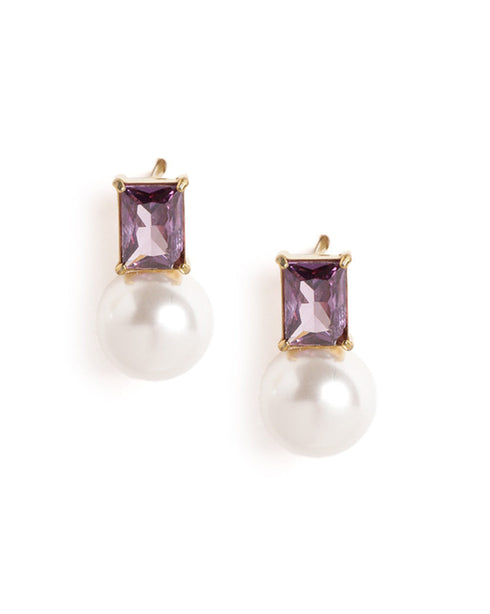 18kt Gold Plated Lavender CZ Pearl Necklace and Drop Earring Set