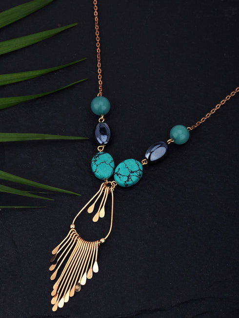 Green & Navy Rose Gold-Plated Stone-Studded Tasselled Necklace