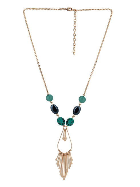 Green & Navy Rose Gold-Plated Stone-Studded Tasselled Necklace