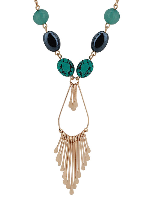 Green & Navy Rose Gold-Plated Stone-Studded Tasselled Necklace