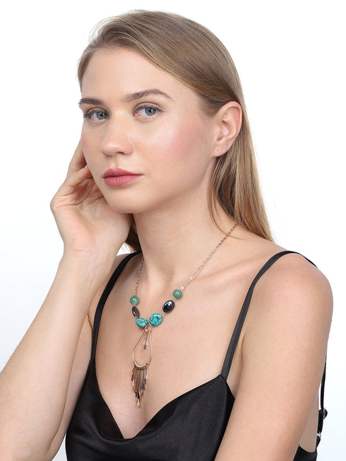 Green & Navy Rose Gold-Plated Stone-Studded Tasselled Necklace