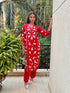 Sanya in Chikankari Crepe Silk Kurta for Women in Red Notch Neck