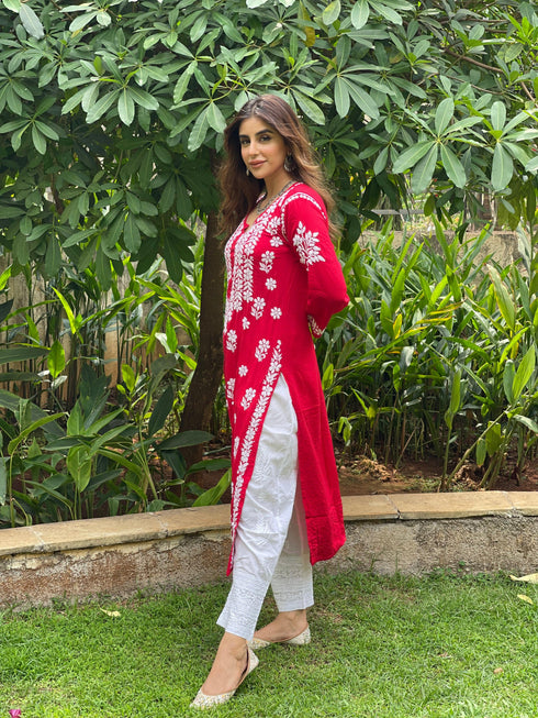 Miesha Iyer in Premium Hand Embroidery Chikankari Kurta Modal Cotton- Red