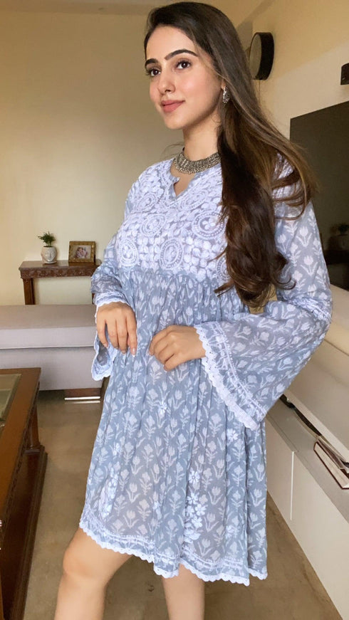 Amita in Saba Chikankari Dress in Mul cotton - Blue