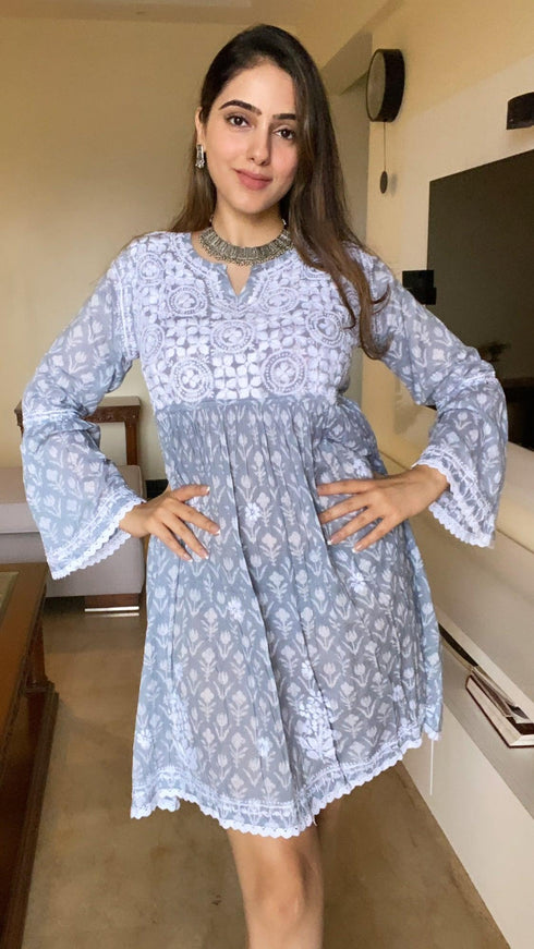 Amita in Saba Chikankari Dress in Mul cotton - Blue