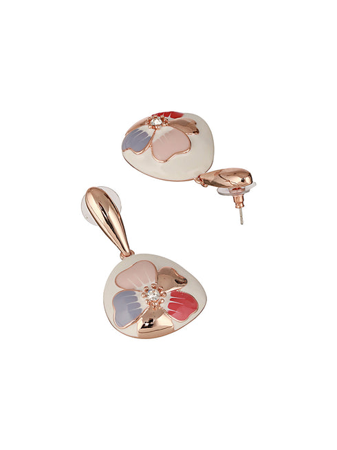 Anti-Tarnish 18k Gold Plated Off White Enamelled Floral Statement Dangler Earrings