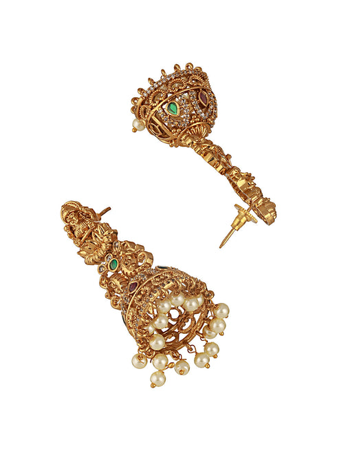 Gold Matt Polish Zircon Studded Lakshmiji Motif Designer Danggling Earring