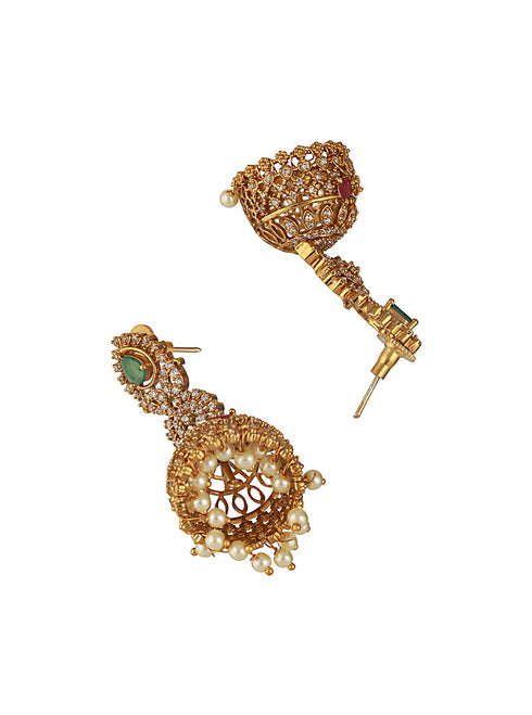 Gold Plated Green Zircon Studded Pearl Beaded Dangler Earrings