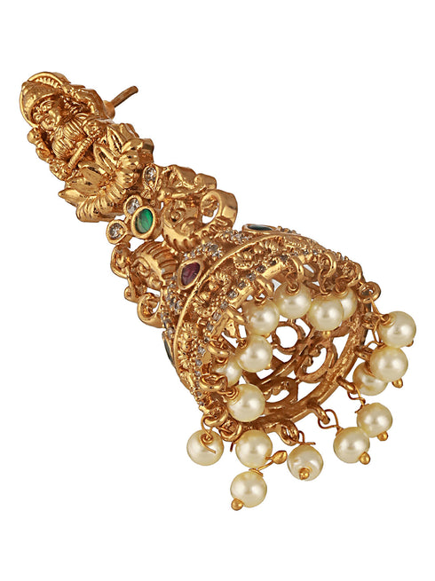 Gold Matt Polish Zircon Studded Lakshmiji Motif Designer Danggling Earring