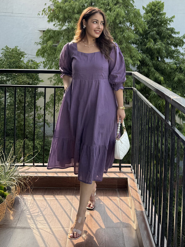 Purple Pure Cotton Solid A-line Dress