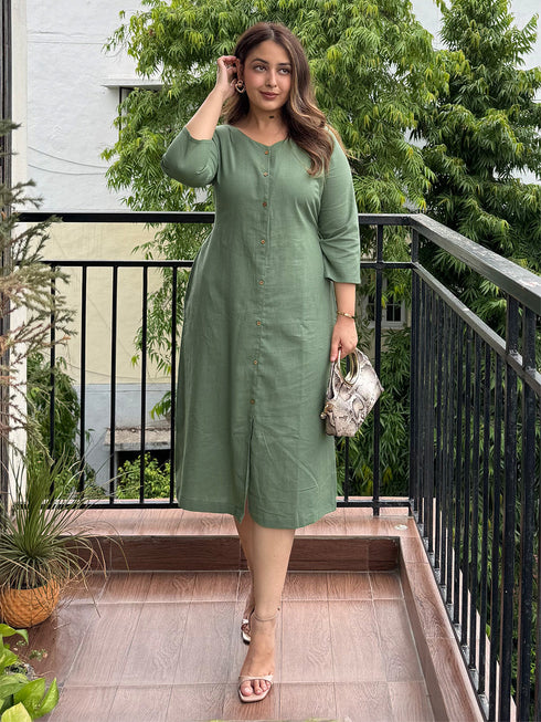 Green Cotton Solid Straight Dress
