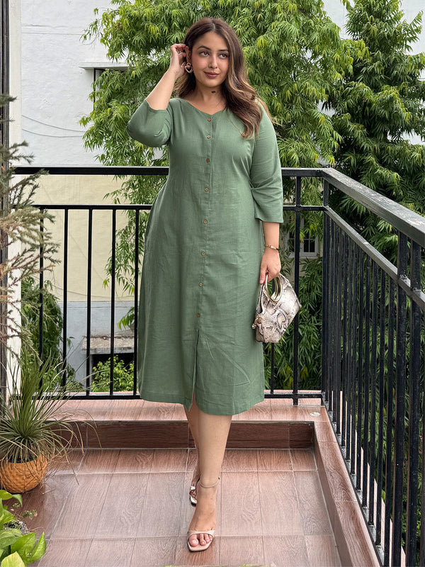 Green Cotton Solid Straight Dress