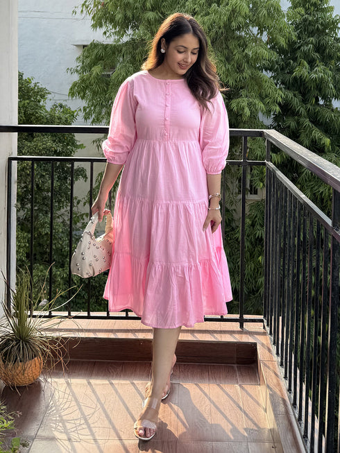Light Pink Pure Cotton Solid Tiered Dress