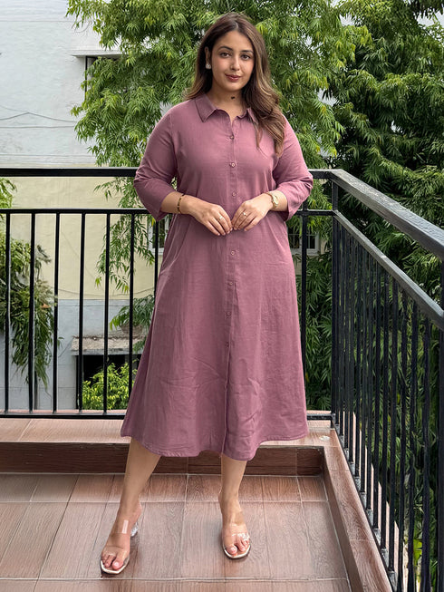 Mauve Cotton Solid A-line Dress