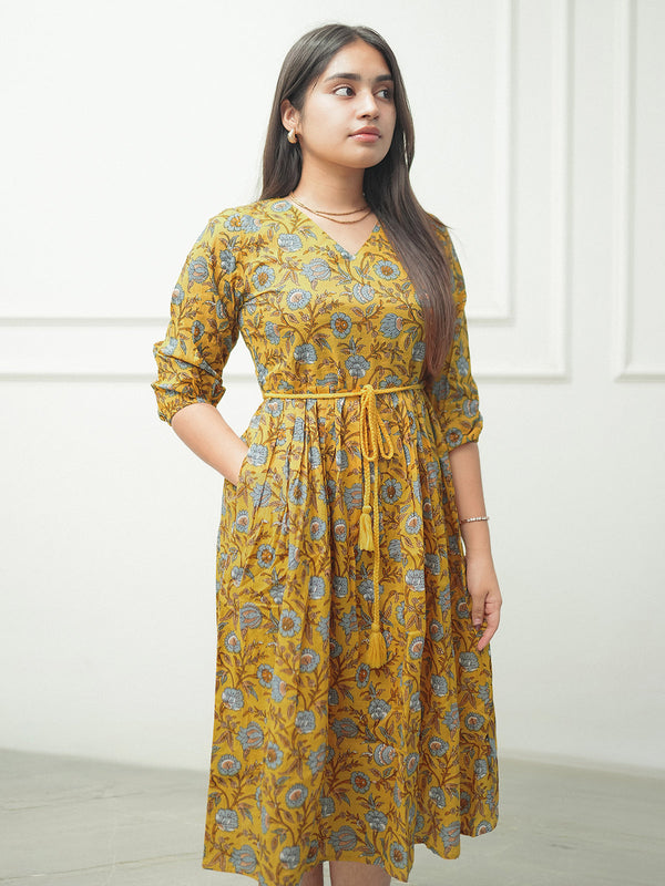 Yellow Pure Cotton Floral Printed A-line Dress