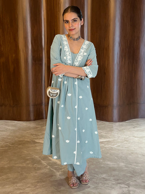 Light Blue Pure Cotton Embroidered A-line Kurta Pant Set