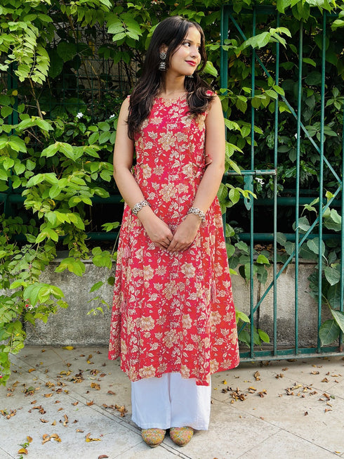Pink Pure Cotton Floral Printed A-line Kurta