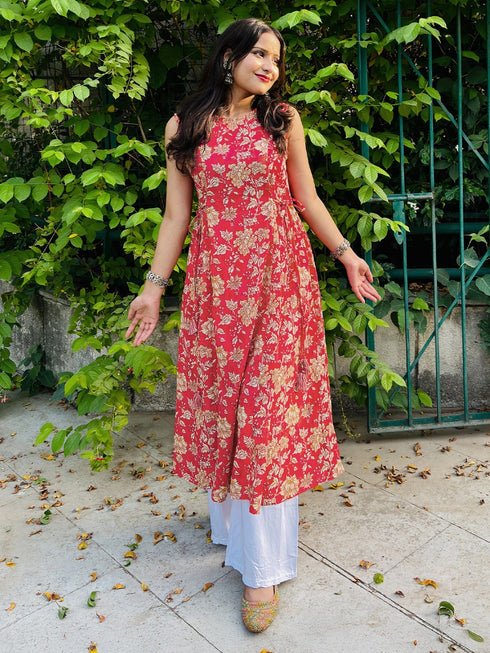 Pink Pure Cotton Floral Printed A-line Kurta