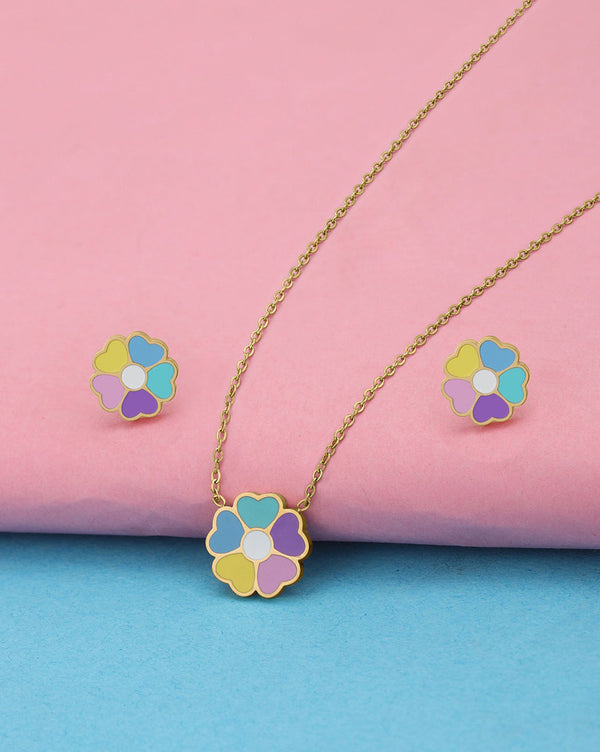 Girls 18kt Gold Plated Enamel Heart Flower Necklace and Earring Set