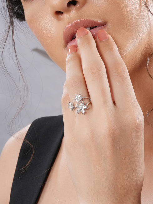 925 Sterling Silver AD Studded Garden Flowers Proposal Adjustable Finger Rings
