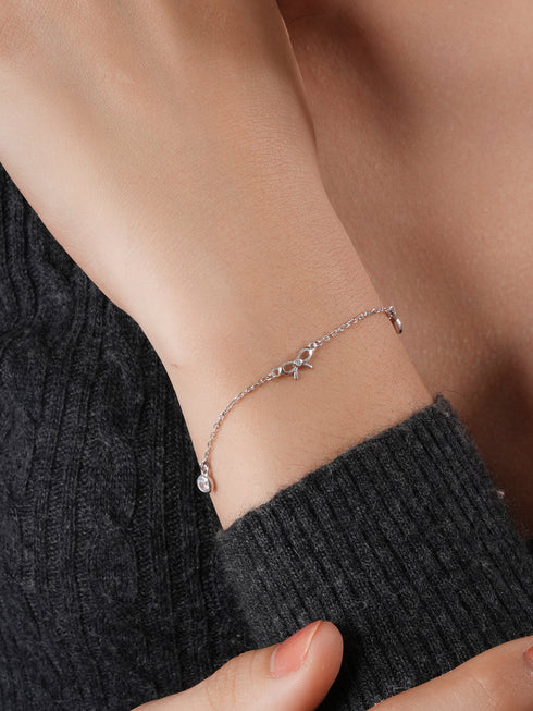 925 Sterling Silver Plated Bow Charms Link Adjustable Bracelet