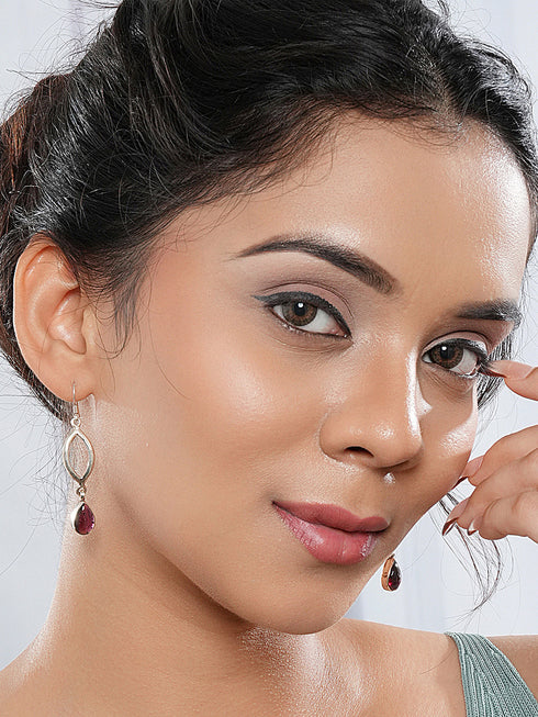 925 Sterling Silver Garnet Gemstone Studded Halo Drop Minimal Dangler Earrings