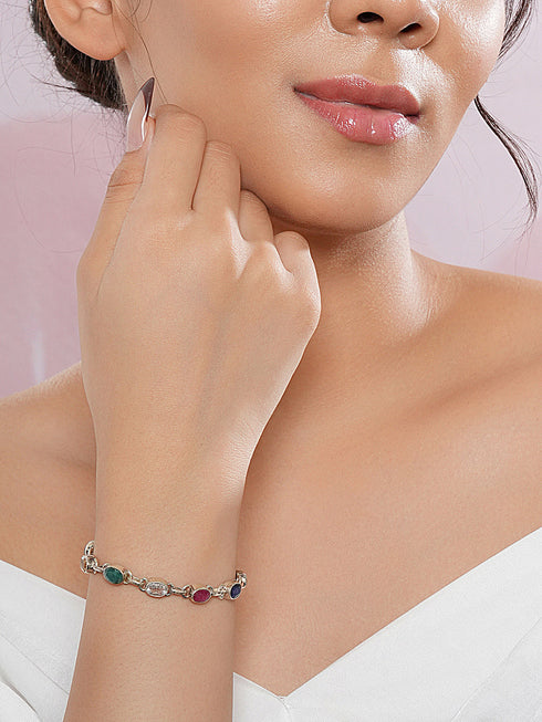 925 Silver Navratna Natural Gemstones Studded Handmade Minimal Delicate Charms Adjustable Bracelet