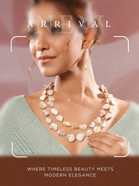Beige Natural Stoned Beaded Embedded Double Layered Trendy Maala Necklace jewellery Set