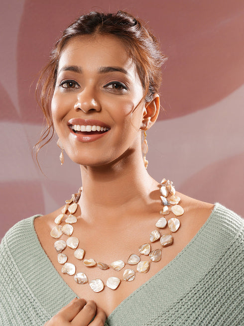 Beige Natural Stoned Beaded Embedded Double Layered Trendy Maala Necklace jewellery Set