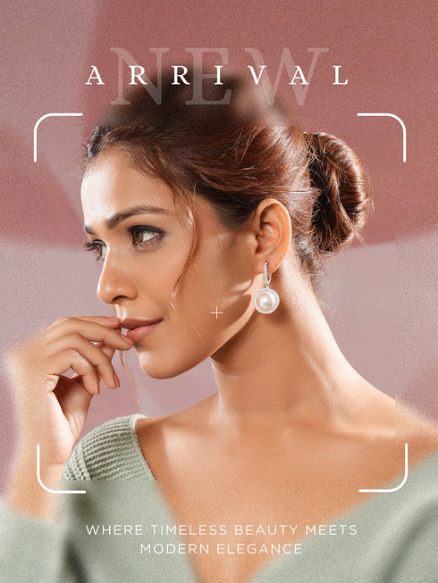 Silver Plated AD Studded Circular Pearl Drop Minimal Bali dangler Earrings