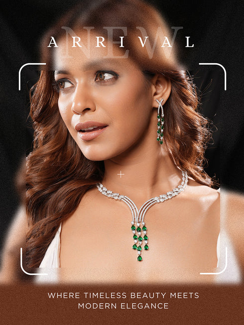 Silver Toned Emerald Green Zircon AD Studded Layered Bridal Drop Designer Statement Necklace Jewellery Set