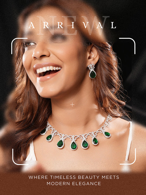 Silver Plated Emerald Green AD Studded Floral Statement Necklace Jewellery Set