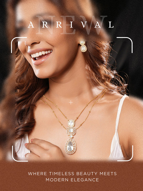 Gold Plated White Victorian Kundan Polki Studded Festive Minimal Pendant Chain Jewellery Set
