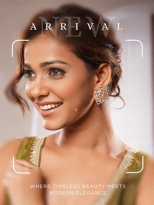 Gold Plated Polki Kundan Studded Designer Floral Bridal Large Studds Earrings