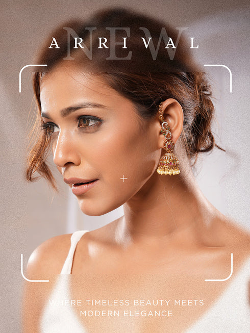 Gold Plated Zircon AD Studded Red Floral Bridal Matil Earchain Earrings