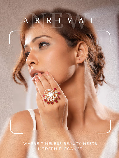 Gold Plated Kundan Red Beads Studded Floral Adjustable Cocktail Finger Ring