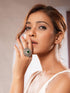 Oxidised Silver Toned Emerald Green Stone Studded Fusion Statement Tribal Adjustable Finger Ring