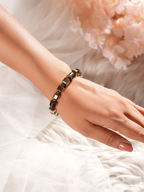 Natural Coated Pyrite Brass Energy Bracelet with Round Cube Beads