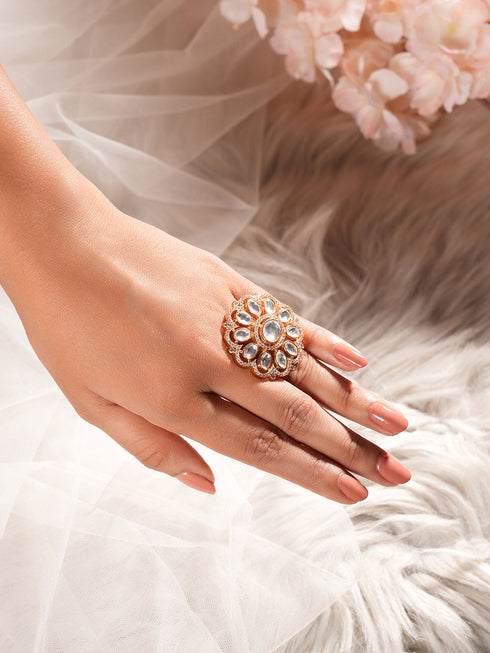 Gold Plated Kundan Mossanite Studded Floral Bridal Handcrafted Adjustable Finger Rings