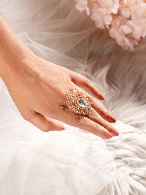 Gold Plated Kundan Moissanite Studded Filigree Luxe Tilak Shaped Cocktail Finger Ring