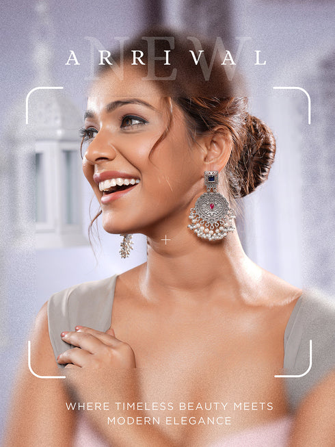 Oxidised Silver Toned Intricate Handcrafted Pearl Beaded Dangler Trendy Chandbali earrings
