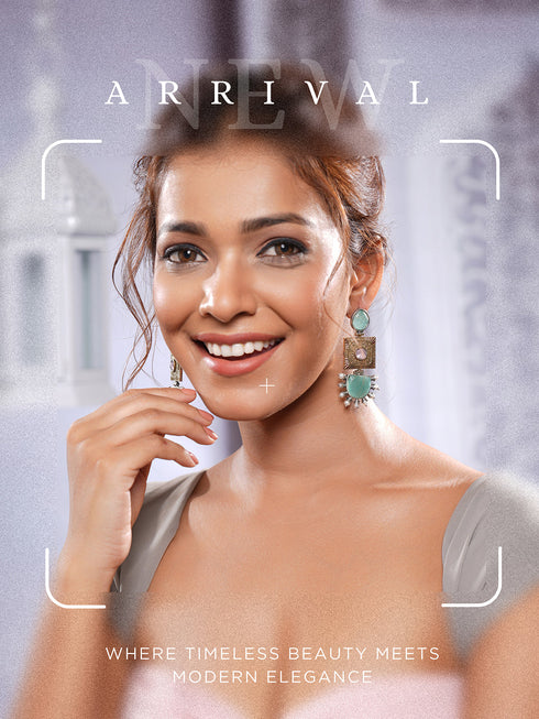 Oxidised Gold Toned Mint Stone Studded Contemporary Tribal Long dangler Earrings