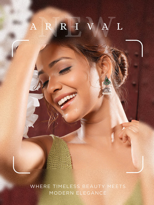 Oxidised Silver Toned Emerald Green AD Zircon & Pearl Beaded Dangler Minimal Jhumka Earrings