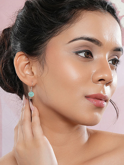 925 Sterling Silver Mint Green Aqua Stone Studded Minimal Handcrafted Drop Earrings