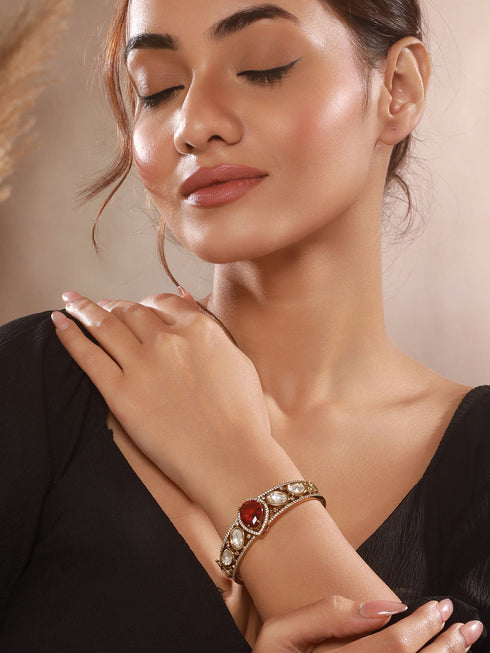 Gold Polish Ruby Red Kundan Mossanaite Tilak Shaped Openable Kada Bracelet