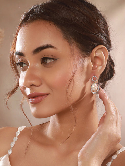 Silver Plated Quirky Pearl Drop Minimal Orbital Earrings
