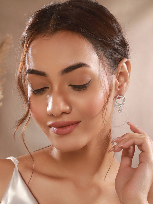Silver Toned AD Studded Hoop Drop Earrings