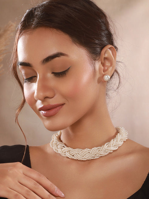 Multi Layered Pearls Braided Choker Jewelry Set