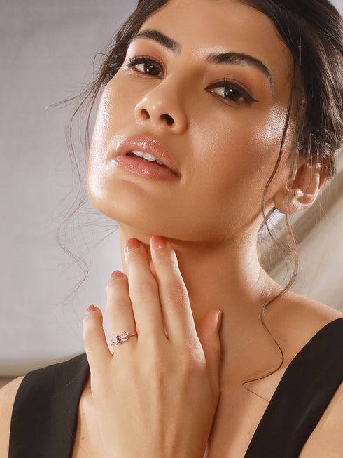 925 Sterling Silver Red Ruby Studded Rose gold Plated Cherry Bow Adjustable Finger Ring